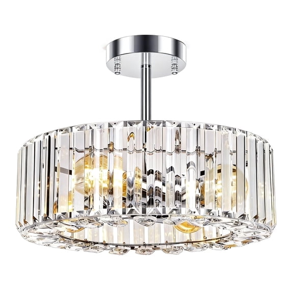 FRIDEKO HOME 14.5" Crystal Light Fixture, Modern Semi Flush Mount Ceiling Light, 4-Light, E26 Base, Drum Chandelier for Kitchen Bedroom Living Room Dining Room Entryway, Chrome (Without Bulb)