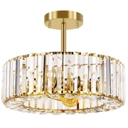 FRIDEKO HOME 14.5 Crystal Semi Flush Mount Ceiling Light Fixture, Modern Gold Drum Chandelier for Living Room Bedroom Kitchen Hallway Entryway, E26 Base, 4-Light Bulbs not included