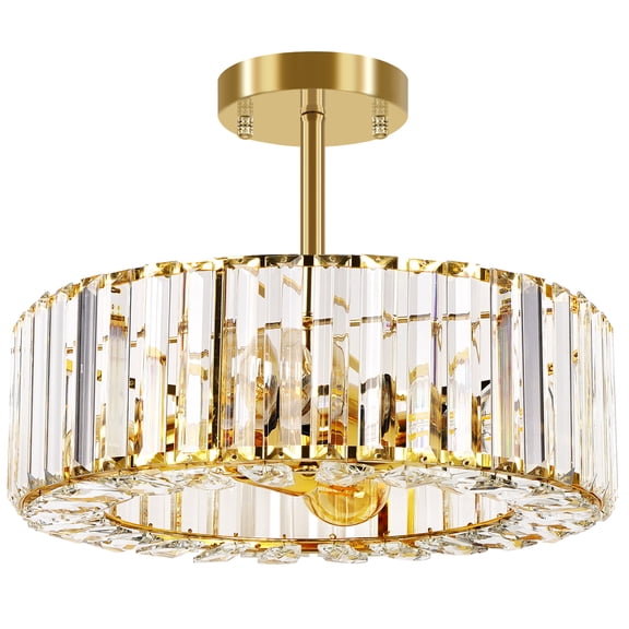 FRIDEKO HOME 14.5" Crystal Semi Flush Mount Ceiling Light Fixture, Modern Gold Drum Chandelier for Living Room Bedroom Kitchen Hallway Entryway, E26 Base, 4-Light (Bulbs not included)