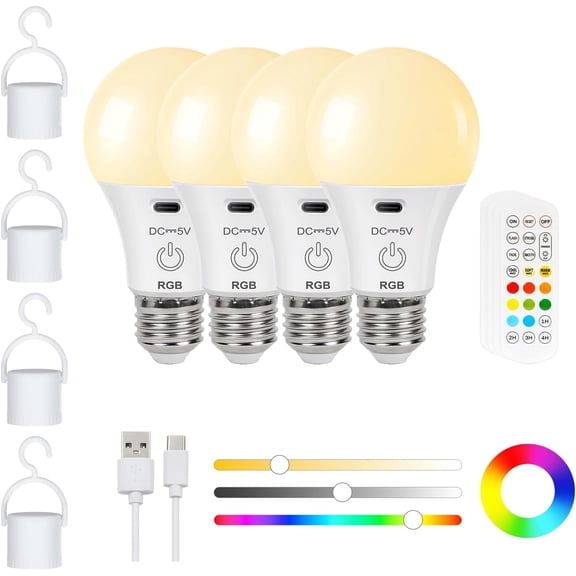 FRIDEKO HOME 4 Pack Rechargeable LED Light Bulbs with 11 RBG Colors & 4 Dynamic Modes, Dimmable Bulbs with Touch & Remote Control, Hanging Hook, 4 Timer, E26 Base, 2600mAh, Type-C Charging