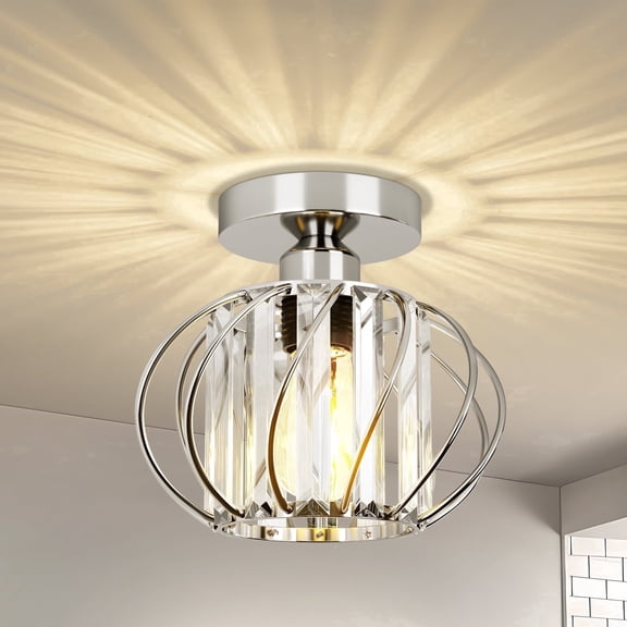 FRIDEKO HOME 7.5" Crystal Ceiling Light Fixture with Metal Cage, E26 Base, Modern Semi Flush Mount Light for Kitchen, Hallway, Porch, Bathroom (Without Bulb)