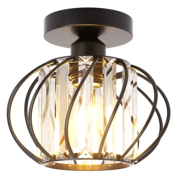 FRIDEKO HOME 7.5" Modern Crystal Semi Flush Mount Ceiling Light, E26 Base for Light Bulb, Metal Cage, Industrial Small Light Fixture for Kitchen, Hallway, Porch, Closet (Without Bulb)