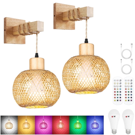 FRIDEKO HOME Wall Sconces Set of Two, 5200mAh Rechargeable Battery with Remote, 15 Colors RGB Dimmable Wireless Wall Lamp with 3 Timer, Bamboo Wall Sconces for Bedroom, Living Room, Entryway