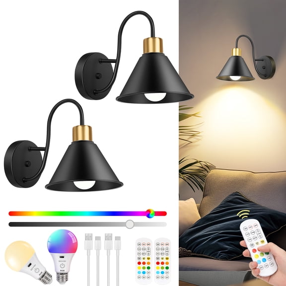 FRIDEKO HOME Battery Operated Wall Sconces Set of 2, Black Wireless Wall Sconces with Remote, 15 Colors Modes RGB Dimmable Rechargeable Wall lamp with Timer for Bedroom Living Room