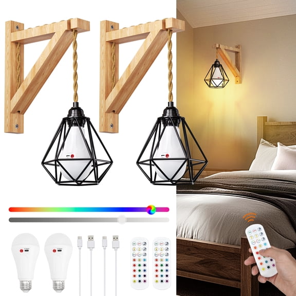 FRIDEKO HOME Wall Sconces Set of 2, Metal Cage Wireless Wall Sconces with Remote, 5200mAh Rechargeable Battery with Remote, 15 Colors RGB Dimmable Wall lamp with 3 Timer for Living Room