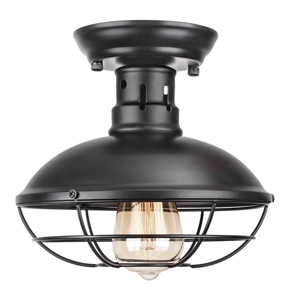 FRIDEKO HOME Farmhouse Flush Mount Ceiling Light, 8.7" Industrial Ceiling Light Fixture, Rustic Black Metal Cage Ceiling Lamp E26 Base for Hallway Kitchen Bedroom Living Room(Without Bulb)