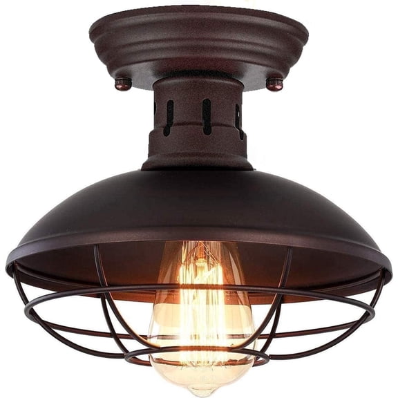 FRIDEKO HOME Farmhouse Flush Mount Ceiling Light, 8.7" Industrial Ceiling Light Fixture, Rustic Bronze Metal Cage Ceiling Lamp E26 Base for Hallway Kitchen Bedroom Living Room(Without Bulb)