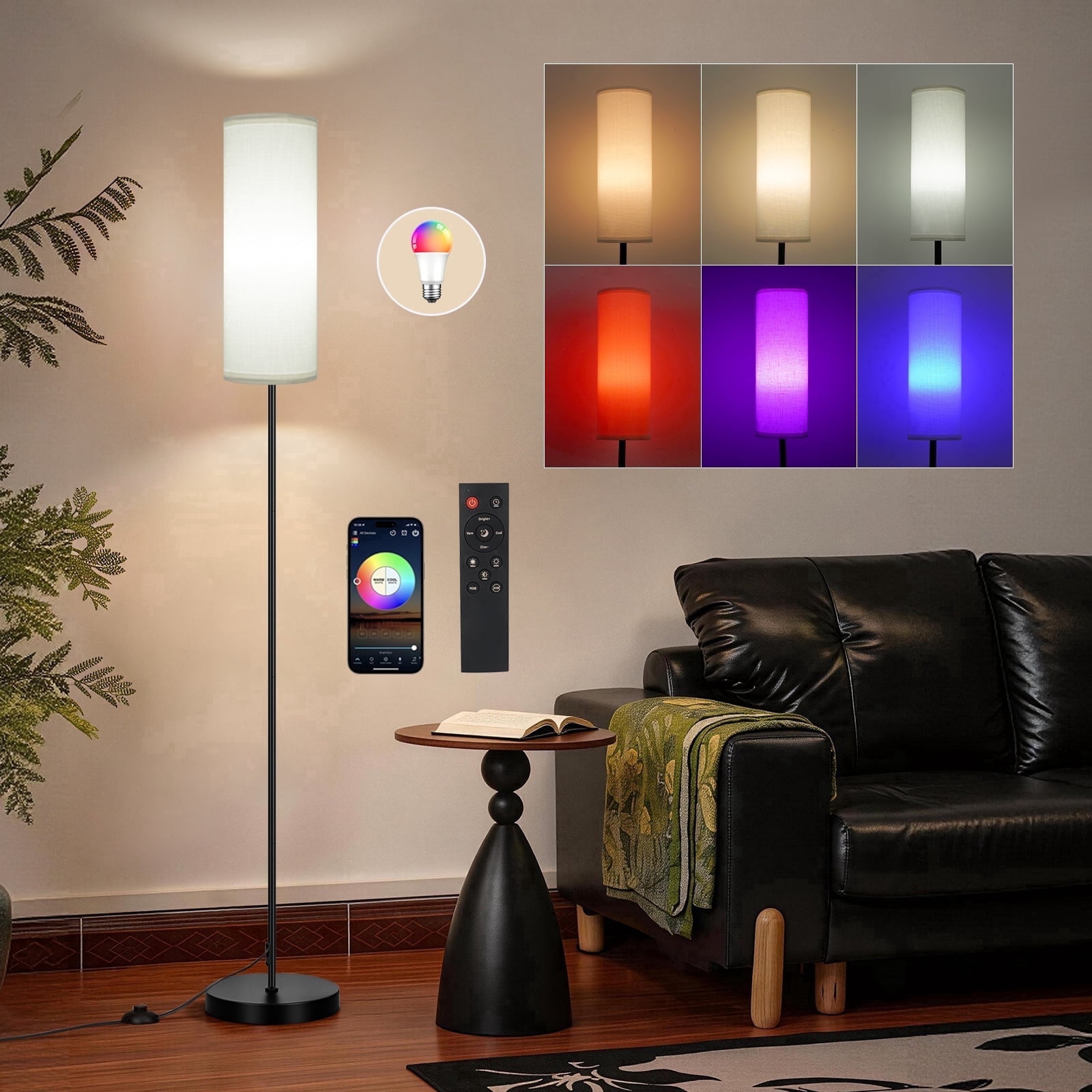 67" Floor Lamp with Smart RGB Bulb, with 16 Million DIY Colors & 20 Mode, Music Sync, Timer Setting, APP or Remote Control, 9W 800 Lumen, Standing Lamp for Living Room, Bedroom, White