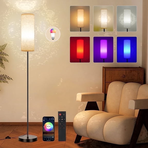 67" Floor Lamp with Smart RGB Bulb, with 16 Million DIY Colors & 20 Mode Music Sync, Timer Setting APP or Remote Control, 9W 800 Lumen Standing Lamp for Living Room Bedroom, Beige