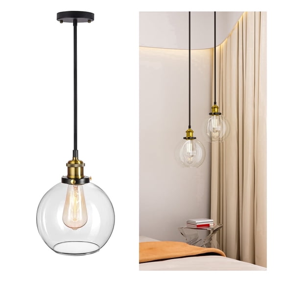 FRIDEKO HOME 7.9" x 6.7" Pendant Lighting, 47 inch Adjustable Cord Length, Vintage Hanging Light Fixtures with Clear Globe Glass for Kitchen Island, Dining Room (No Bulbs Included)