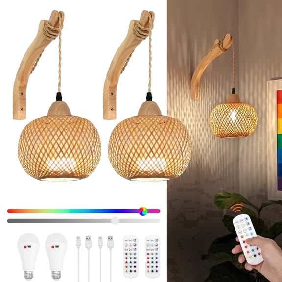 FRIDEKO HOME 2 Pack Bamboo Wall Sconces, 15 Colors RGB Dimmable Wireless Wall Lamp with 3 Timer, 5200mAh Rechargeable Battery with Remote, Wall Sconces for Bedroom, Living Room, Entryway