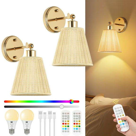 FRIDEKO HOME Rechargeable Battery Operated Boho Wall Sconce Set of Two with Remote, RGB 15 Colors Dimmable Wireless Wall Sconces with Plastic Lampshade, 4 Timer Wall Lights for Bedroom Living Room