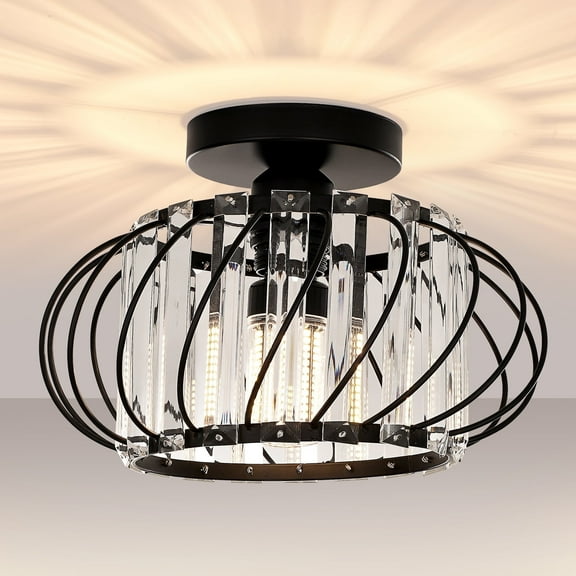 FRIDEKO HOME 11" Modern Semi Flush Mount Ceiling Light, Black Metal Cage with Crystal, E26 Base, Hallway Ceiling Light Fixture for Bedroom Porch Kitchen Entryway (Without Bulb)