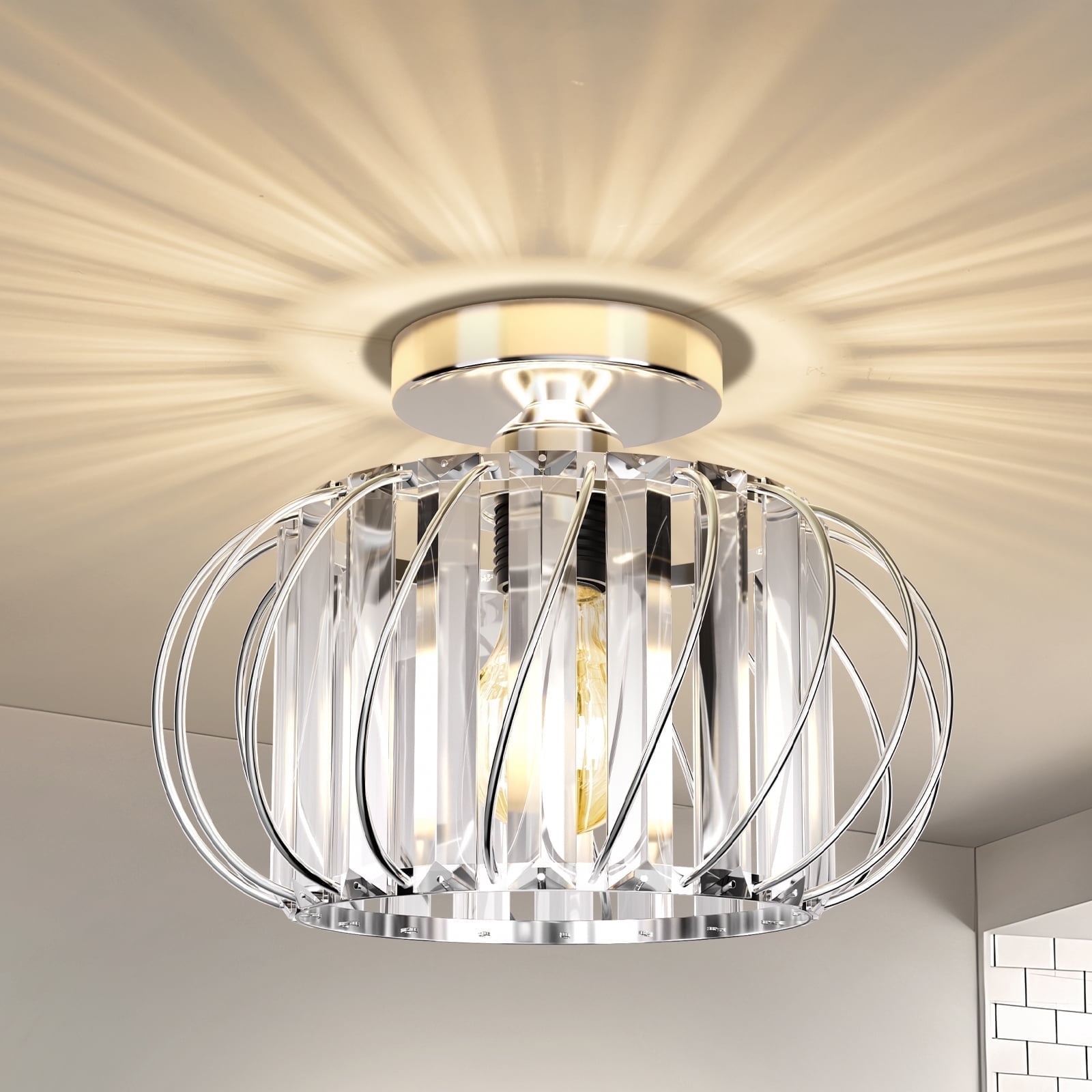 FRIDEKO HOME 11" Semi Flush Mount Light Fixture, E26 Base, Modern Crystal Ceiling Light Fixture for Hallway Bedroom Porch Kitchen, Chrome (Without Bulb)