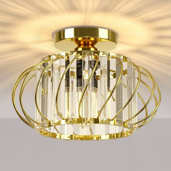 FRIDEKO HOME 11 inch Crystal Semi Flush Mount Ceiling Light, E26 Base, Metal Cage, Luxury Gold Ceiling Light Fixture for Porch, Bedroom, Hallway, Kitchen (Bulb Not Included)