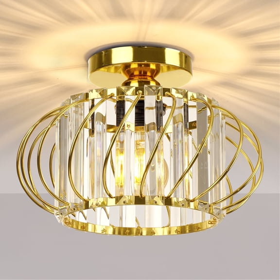 FRIDEKO HOME 11 inch Crystal Semi Flush Mount Ceiling Light, E26 Base, Metal Cage, Luxury Gold Ceiling Light Fixture for Porch, Bedroom, Hallway, Kitchen (Bulb Not Included)