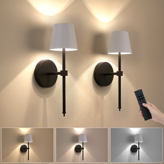 FRIDEKO HOME 13" Wireless Wall Sconces Set of 2, Small Cordless LED Wall Lamps, 5200mAh Rechargeable Battery with Remote, 3 Colors with Stepless Dimming Lightings for Living Room,Bedroom(Black/White)