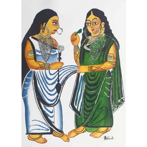Friends, Traditional Kalighat Painting Style, Limited Edition A2 Print Gloss Finish.