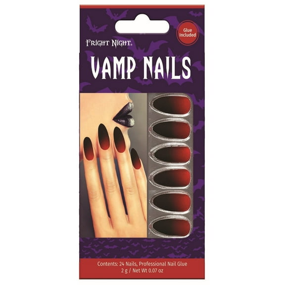 FRIGHT NIGHT Plastic False Nails with Nail Glue, Red, 24 Pieces