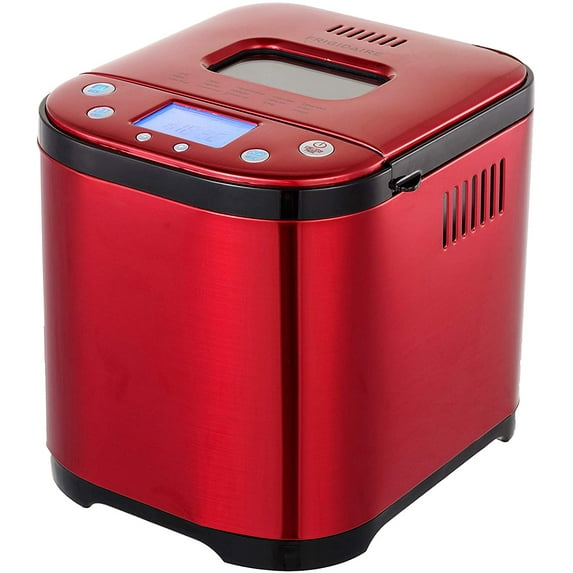 FRIGIDAIRE Red Stainless Bread Making Machine Maker, 2LB XL 15-in-1, Settings Incl Gluten Free, Cake & Yogurt, Nonstick Bowl, 3 Loaf Sizes 3 Crust Colors, Bread Hook, Cup, Spoon Included
