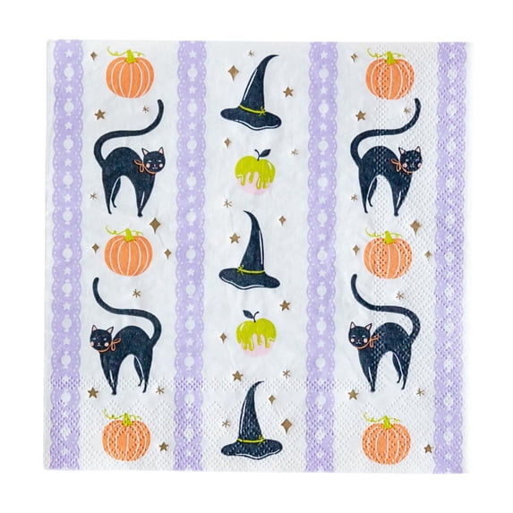 Bonjour Fête Black Cat and Pumpkin Large Paper Napkins, Disposable Party Supplies, 20 Count, Lunch Size, Halloween