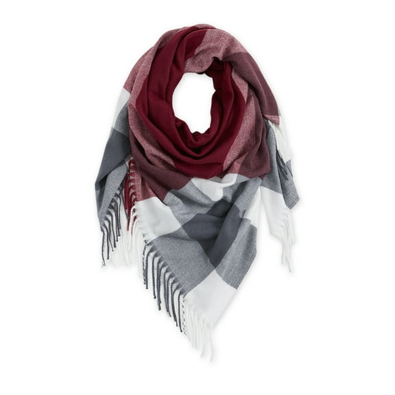 FRINGE PLAID BLANKET SCARF - BURGUNDY & GREY