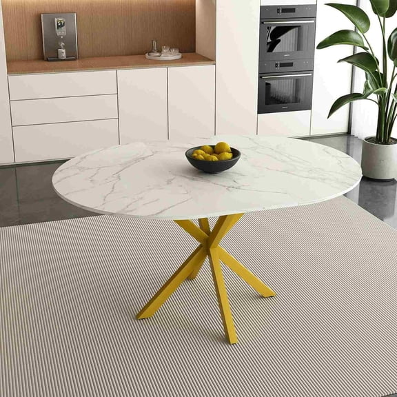 FRITHJILL Modern Marble-Look Extendable Dining Table with Gold X-Base, Round to Oval 42-59", White MDF Top, Seats 4-6, Smooth Corners for Small Apartments, Kitchen, Living Room