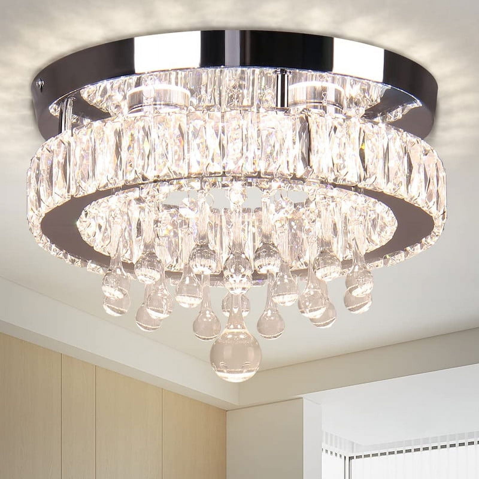 FRIXCHUR 11.8" Modern Crystal Chandelier Raindrop LED Flush Mount Chandeliers Light Fixture for Dining Room Bedroom Living Room Hallway (White Light/Neutral Light/Warm Light)