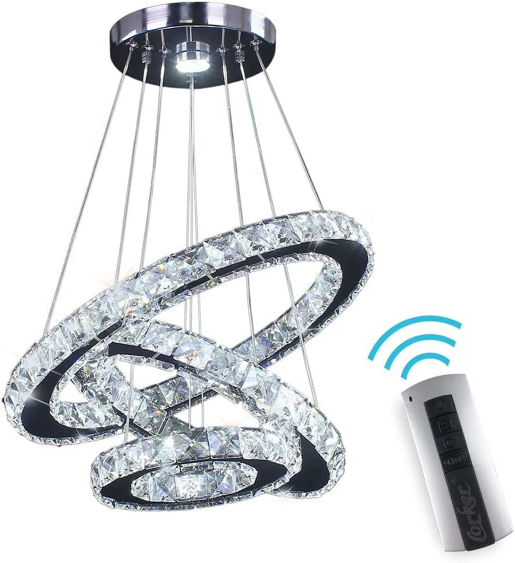 FRIXCHUR Dimmable Crystal Chandeliers LED Ceiling Light Fixture 3 Rings Adjustable Stainless Steel Pendant Light Chandelier(Multi Color)