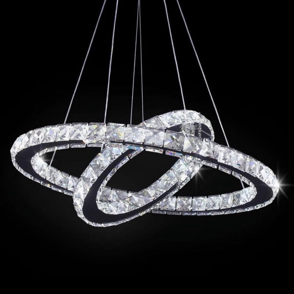 FRIXCHUR LED Modern Crystal Chandelier Ceiling Pendant Light 2 Rings Adjustable Stainless Steel Lighting Fixtures Dining Room Living Room (White)