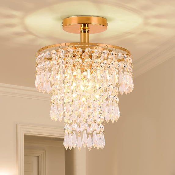 FRIXCHUR Mini Crystal Chandelier Flush Mount Chandelier Crystal Ceiling Light 3 Tiers Raindrops Crystal Pendant Lighting for Bedroom Hallway Living Room,E26 Base,Gold