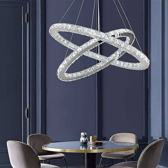 FRIXCHUR Modern Crystal Chandelier Adjustable 2 Rings LED Oval Ceiling Light Fixtures for Living Room Dinning Room Bedroom(Cool White)