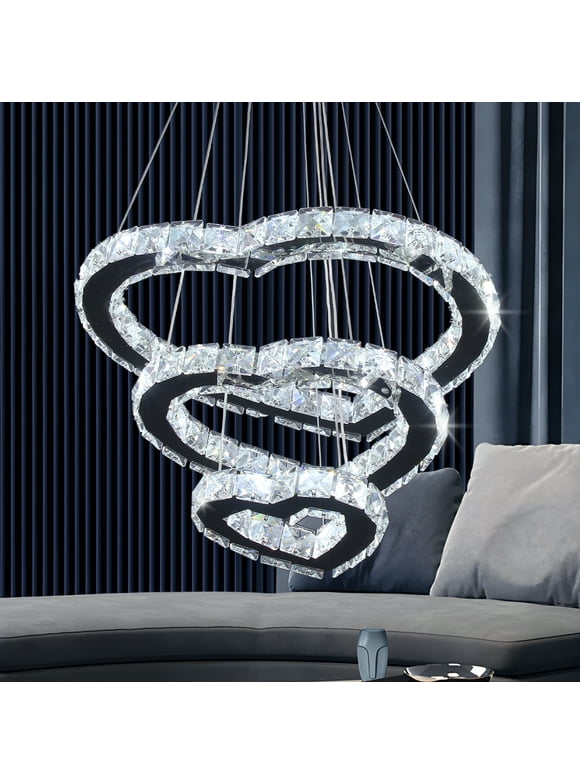FRIXCHUR Modern Crystal Chandelier, Contemporary 3 Rings Heart-Shaped Led Ceiling Lights Fixtures Adjustabl Stainless Steel Hanging Pendant Lighting for Living Room Bedroom Restaurant