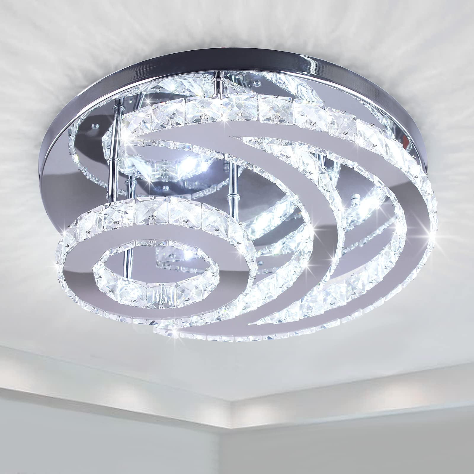 FRIXCHUR Modern Crystal Chandelier LED Moon Crystal Ceiling Light  Flush Mount Chandelies for Dining Room Bathroom Bedroom Living Room(Cool White)