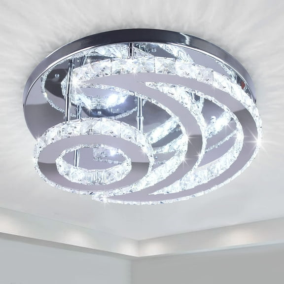 FRIXCHUR Modern Crystal Chandelier LED Moon Crystal Ceiling Light Flush Mount Chandelies for Dining Room Bathroom Bedroom Living Room(Cool White)