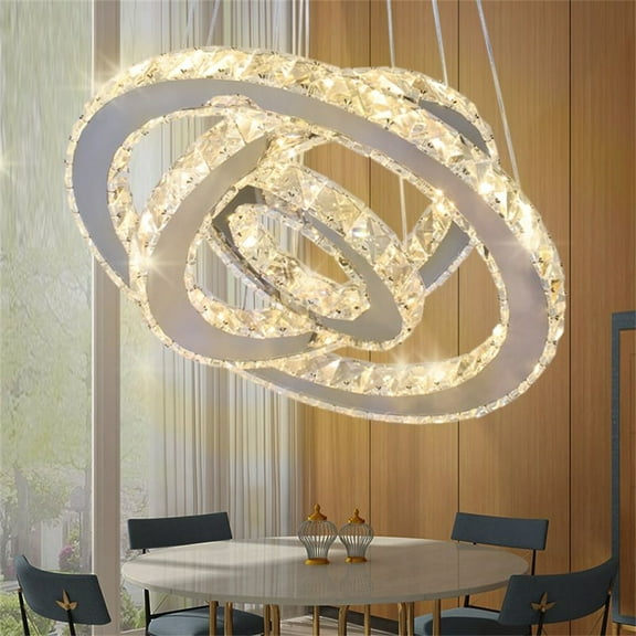 FRIXCHUR Modern Crystal Chandeliers LED Ceiling Light Fixture 3 Rings Adjustable Stainless Steel Pendant Light Chandelier for Dining Room(Warm White)