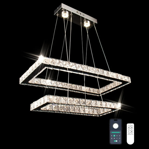 FRIXCHUR Modern Crystal Chandeliers with Remote, 20.5'' LED Dimmable 2 Rings Rectangular Chandelier Adjustable Height, Island Light Pendant Light for Dining Room Kitchen Living Room (Multicolored)