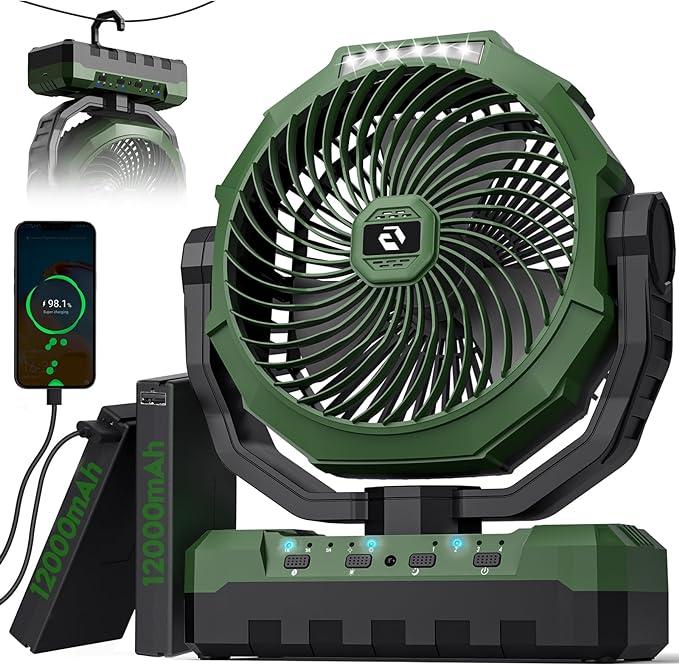 FRIZCOL 3-in-1 Camping Fan - Portable Fan Rechargeable - 24000mAh/12000mAh 9-Inch Battery Powered Fan(140Hrs/70Hrs) - USB Fan with Light & Remote for Indoor, Outdoor, Tent, Travel, BBQ, Fishing