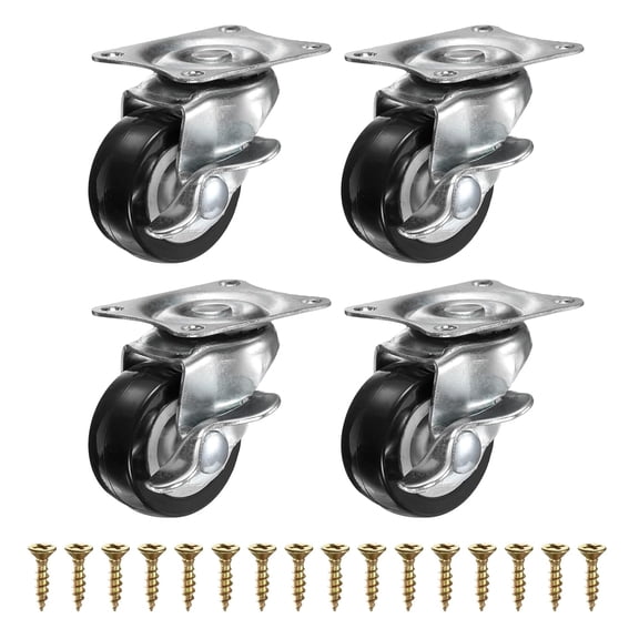 FRKSMD-1.25 Inch Caster Wheels, PVC Silent 360 Degree Swivel Plate Castors with Brake for Furniture Drawers Storage Bins DIY Project - 4pcs (Black)