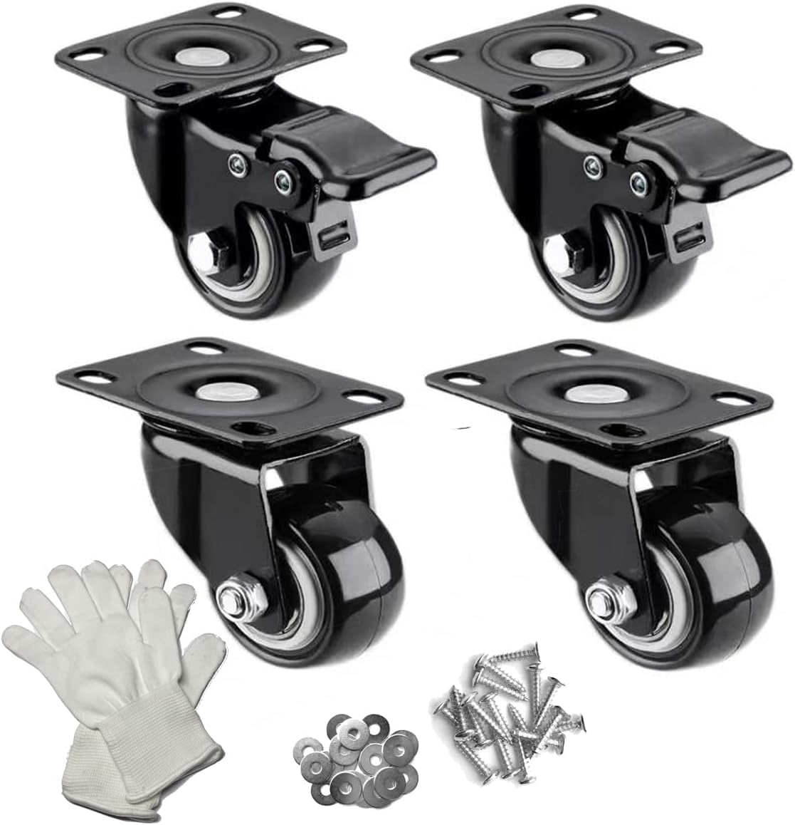 FRKSMD-1.5" Heavy Duty Plate Caster Wheels with Brake,No Noise Locking Casters with Polyurethane (PU) Wheels, Swivel Plate Castors Pack of 4(2 with Brakes and 2 without)