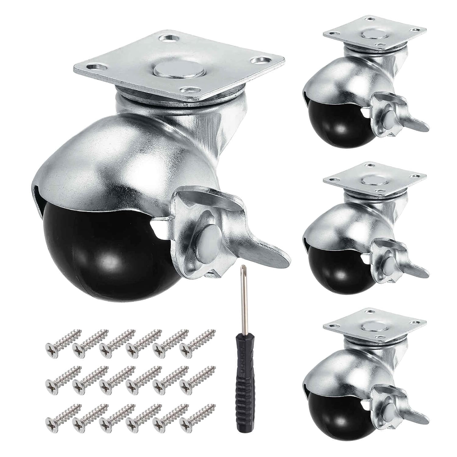 FRKSMD-1.5 Inch Ball Caster Wheels, Swivel Furniture Casters with Brake/Swivel Top Plate Mount/Self-Tapping Screws/Screwdriver for Furniture, (Silver, Pack of 4)