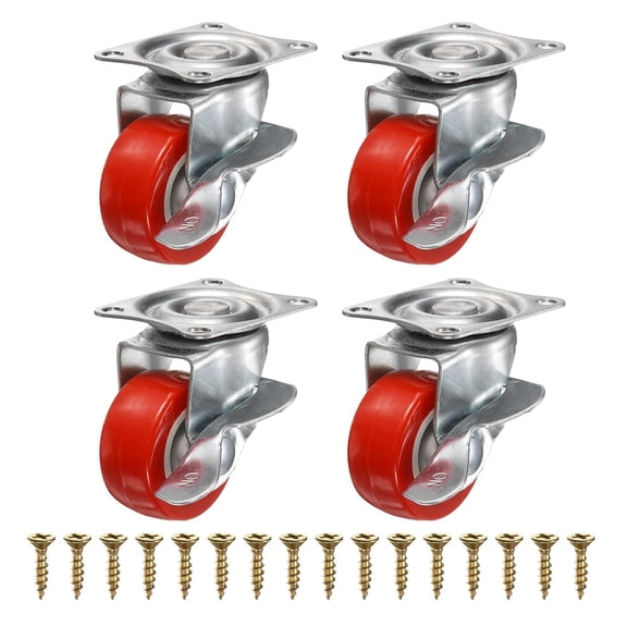 FRKSMD-1.5 Inch Caster Wheels, PVC Silent 360 Degree Swivel Plate Castors with Brake for Furniture Drawers Storage Bins DIY Project - 4pcs (Red)
