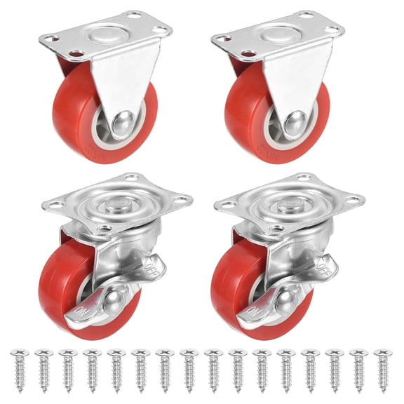 FRKSMD-1.5" Rigid Caster Wheels 2Pcs and Swivel Caster with Brake 2Pcs, Silent Plate Casters with M4 Screw Load Capacity 110Lbs for Furniture Workbench Cart Trolley, Red