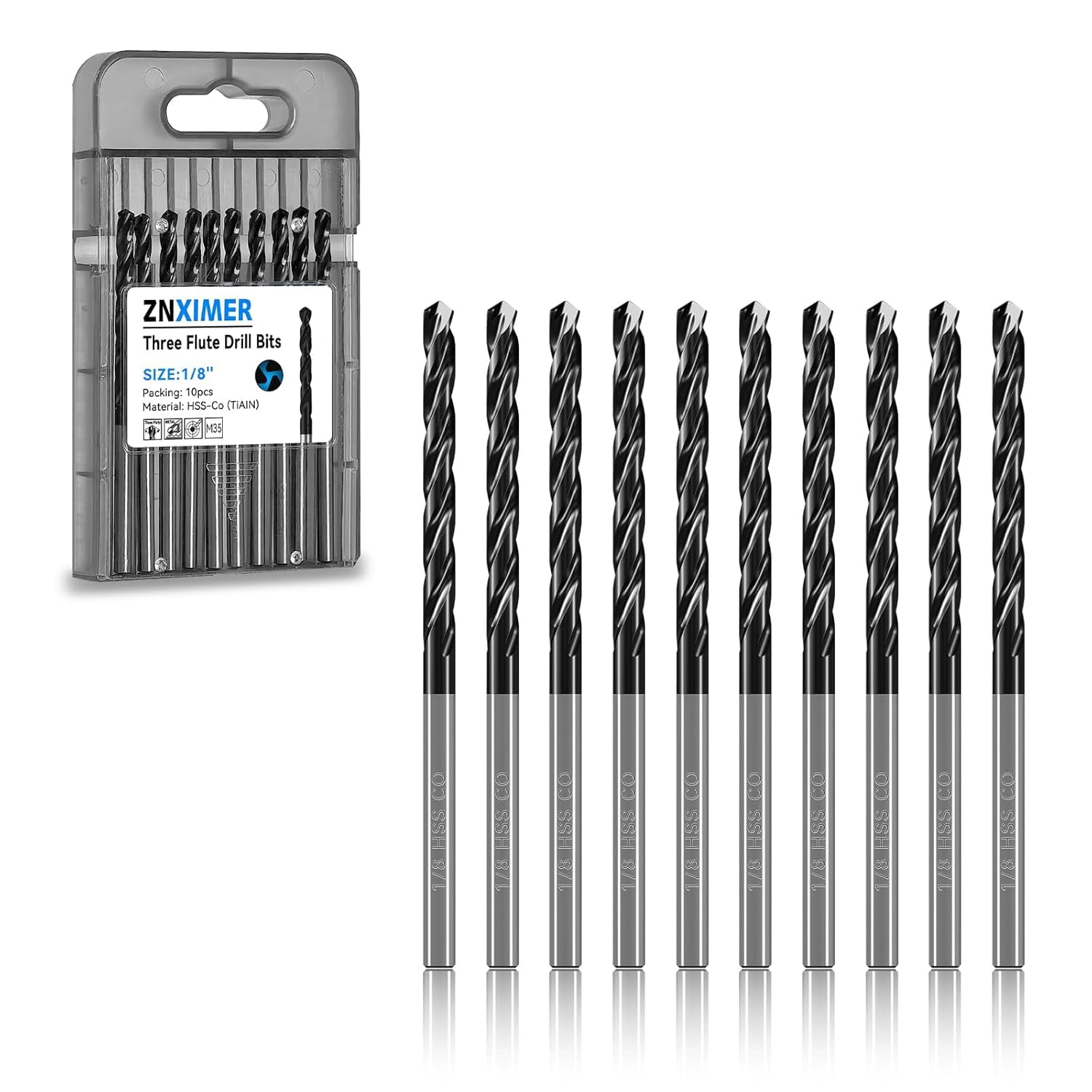 FRKSMD-1/8" Triple Spiral Flute Cobalt Drill Bit Set (Pro - TiAlN Coated), Metal Drill Bit Set for Steel, Hardened Metal, Stainless Steel, 10-Piece with Index Storage Case