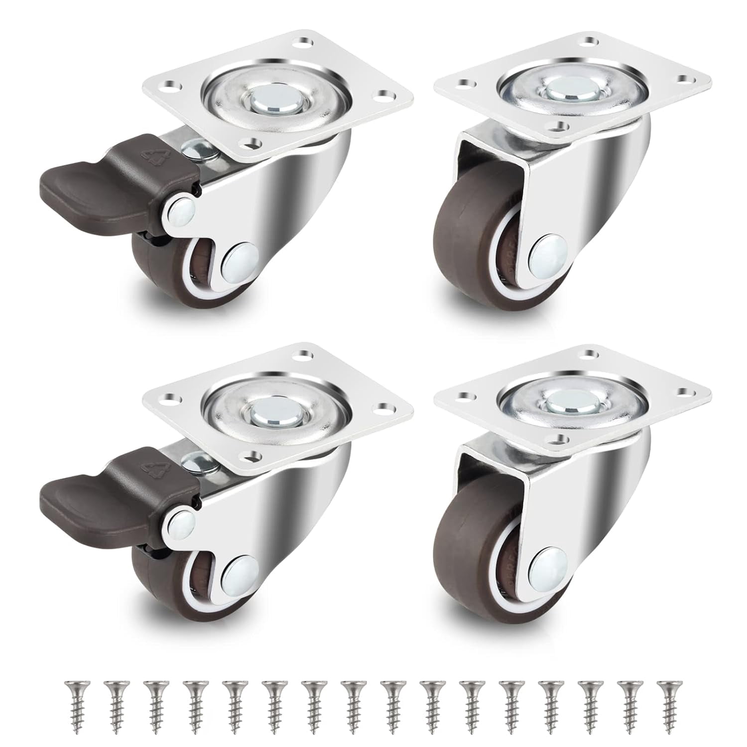 FRKSMD-1" Caster Wheels Low Profile Casters Set of 4 Heavy Duty, 360 Degree Rotation Furniture Casters Top Plate Soft Rubber Wheels for Furniture, 100 Lb Total Capacity(2 with Brakes & 2 Without)