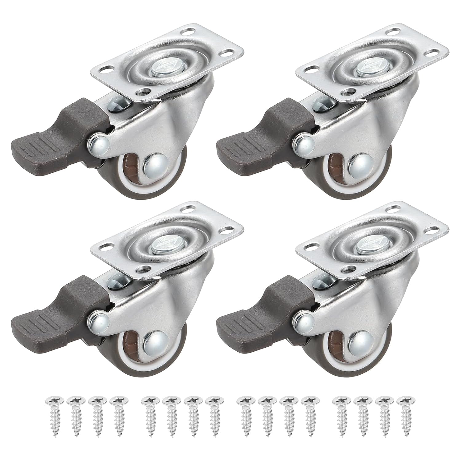 FRKSMD-1" Mini Swivel Caster Wheels with Brake, 4Pcs Chrome-Plated Top Plate TPR Silent 360° Wheel with Screws Total Load Capacity 66 Lbs for Furniture Workbench Trolley, Brown
