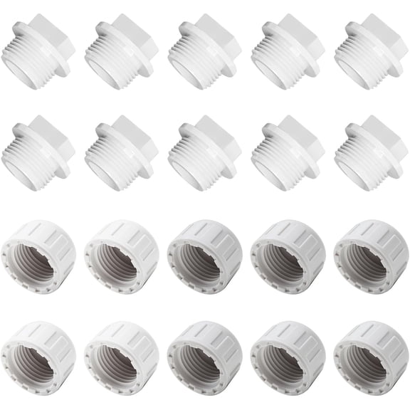 FRKSMD-10 Pack 1/2" PVC NPT Male Threaded Pipe End Cap Plug + 10 Pack 1/2" End Female Thread Pipe Plug Adapter, Fit for 0.5inch Fittings, Adapter for Plumbing Water Line, Sprinkler Head Cap, DIY Proj