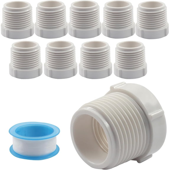 FRKSMD-10 Pack 3/4 Inch Male Thread to 1/2 Inch Female Threaded PVC Pipe Fittings Connector, Reducer Bushing Adapter Coupling with Teflon Tape (White)