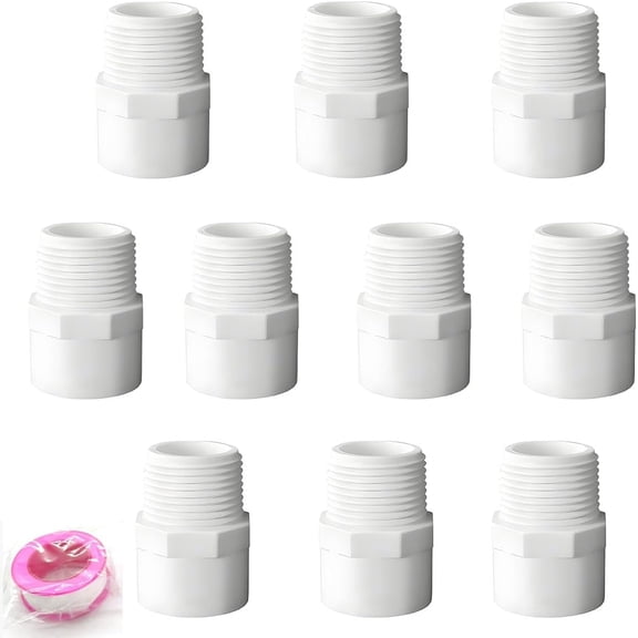 FRKSMD-10 Pack 3/4 Inch PVC Male Threaded Adapter Fitting, 2-Way Socket x MPT Thread Coupling, 3/4" Sch 40 White PVC Pipe Connector for Plumbing, Irrigation, Pool & DIY Projects