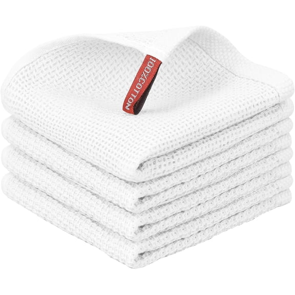 FRKSMD-100% Cotton Dish Cloths for Washing Dishes, 4 Pack Waffle Weave Dish Towels,Super Soft Absorbent Cleaning Rags-White,12x12 Inch